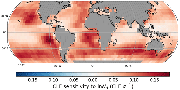 Karte zeigt globale CLF-Sensitivität gegenüber lnNd, Farbverlauf von Blau zu Rot.